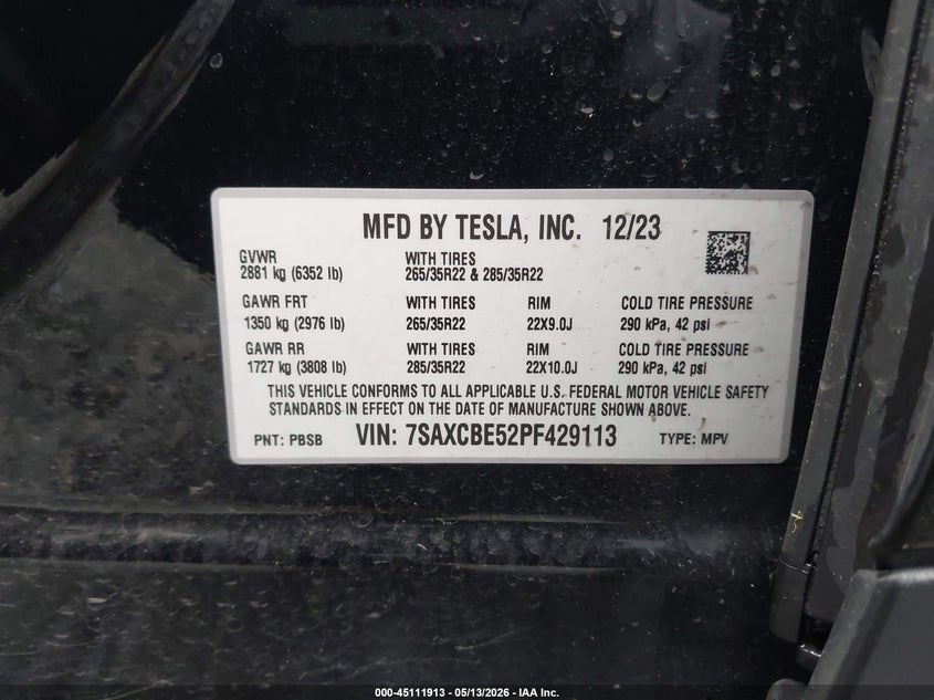 2023 Tesla Model X Dual Motor All-Wheel Drive/Standard Range VIN: 7SAXCBE52PF429113 Lot: 45111913