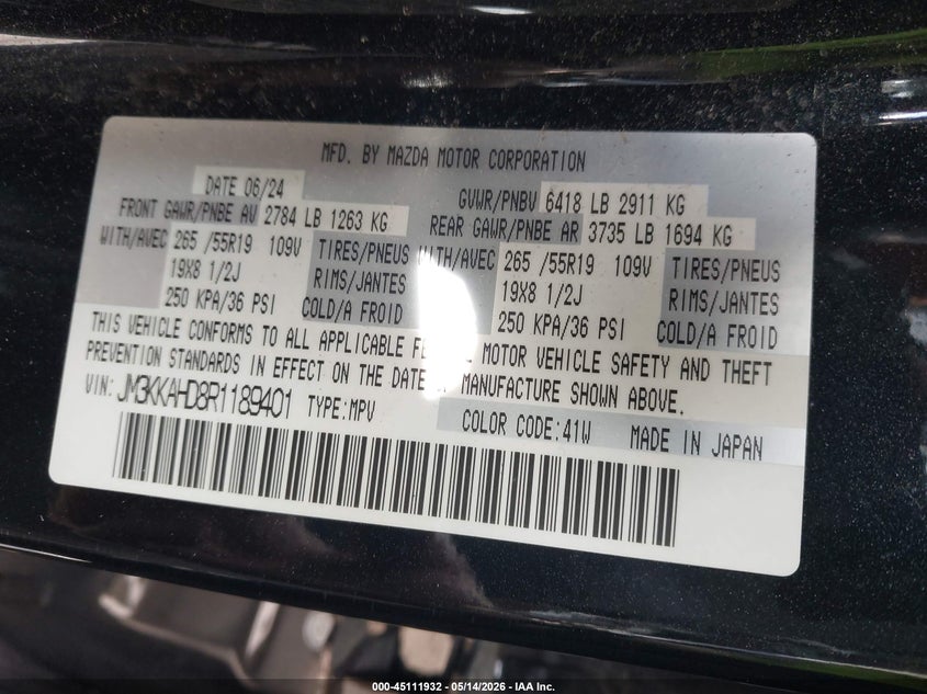 2024 Mazda Cx-90 3.3 Turbo Select VIN: JM3KKAHD8R1189401 Lot: 45111932