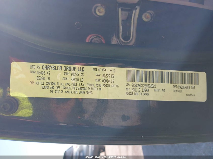2011 Chrysler 300C VIN: 2C3CA6CT2BH522621 Lot: 45112041