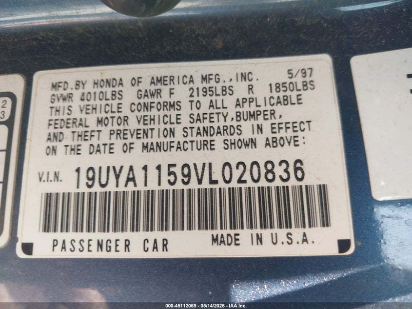 1997 Acura Cl 2.2 VIN: 19UYA1159VL020836 Lot: 45112069