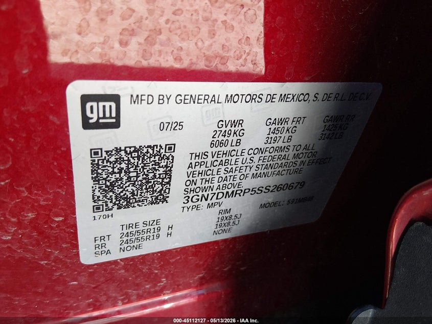 VIN 3GN7DMRP5SS260679 2025 CHEVROLET EQUINOX EV LT 1