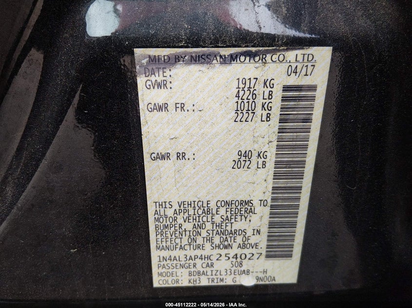 VIN 1N4AL3AP4HC254027 2017 NISSAN ALTIMA 2.5 SV