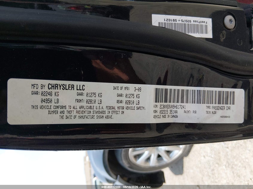 CHRYSLER 300 2009 VIN 2C3KA33VX9H617241