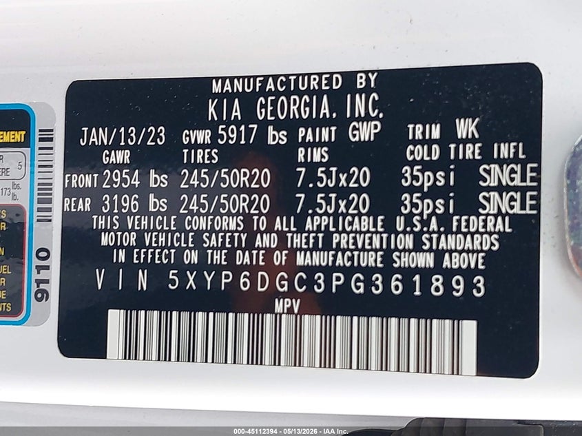 KIA TELLURIDE 2023 VIN 5XYP6DGC3PG361893