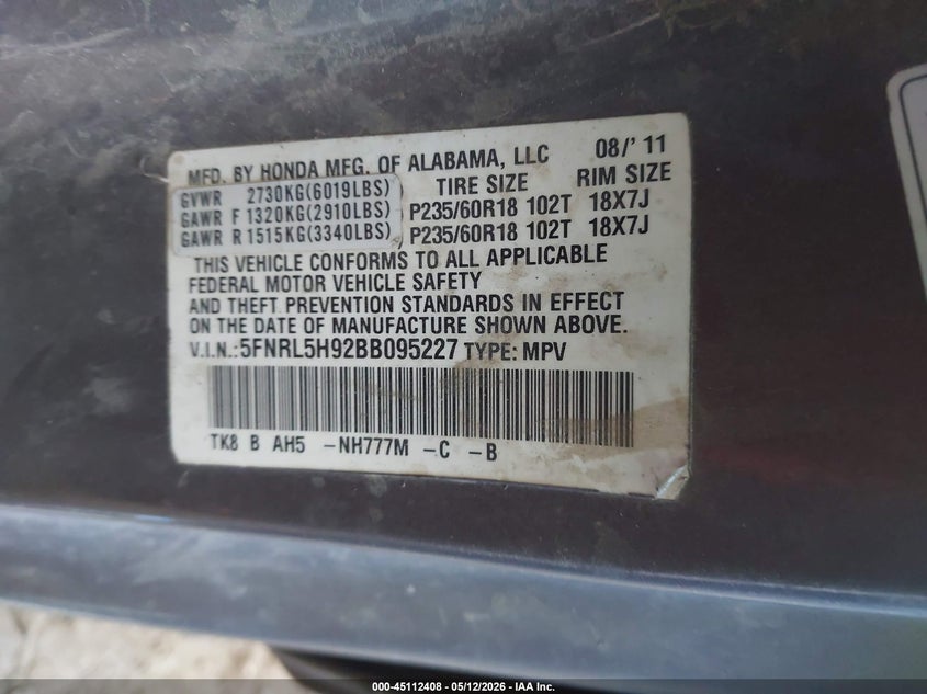 2011 Honda Odyssey 3.5 Touring/Touring Elite grey Lot 111045112408 Vin 5FNRL5H92BB095227