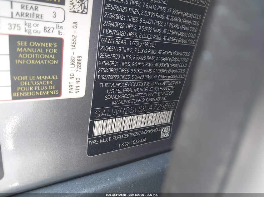 2020 Land Rover Range Rover Sport Hse Mhev VIN: SALWR2SU9LA728869 Lot: 45112428