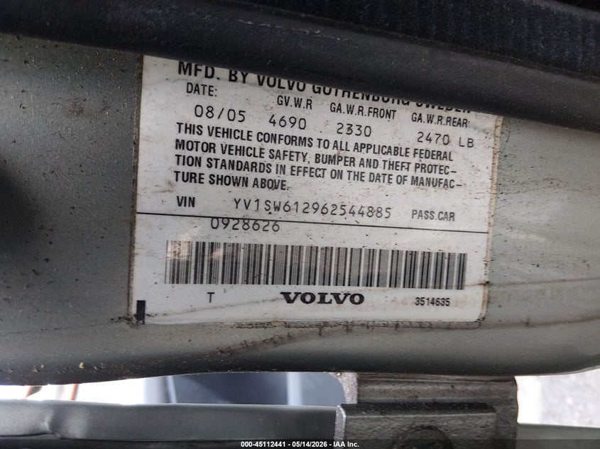 2006 Volvo V70 2.4 VIN: YV1SW612962544885 Lot: 45112441