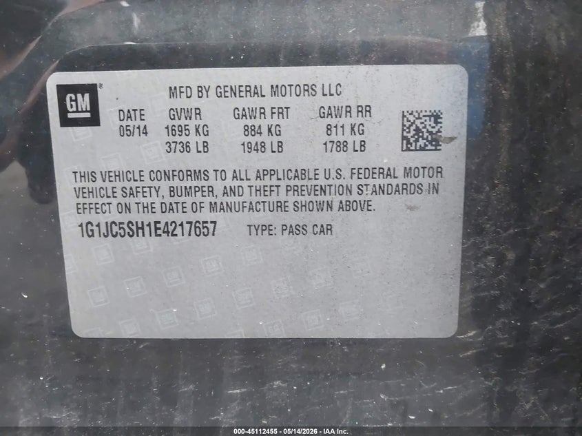 2014 CHEVROLET SONIC SEDAN 1.8L I-4 DOHC, VVT, 138HP