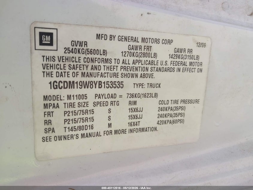 2000 Chevrolet Astro VIN: 1GCDM19W8YB153535 Lot: 45112516