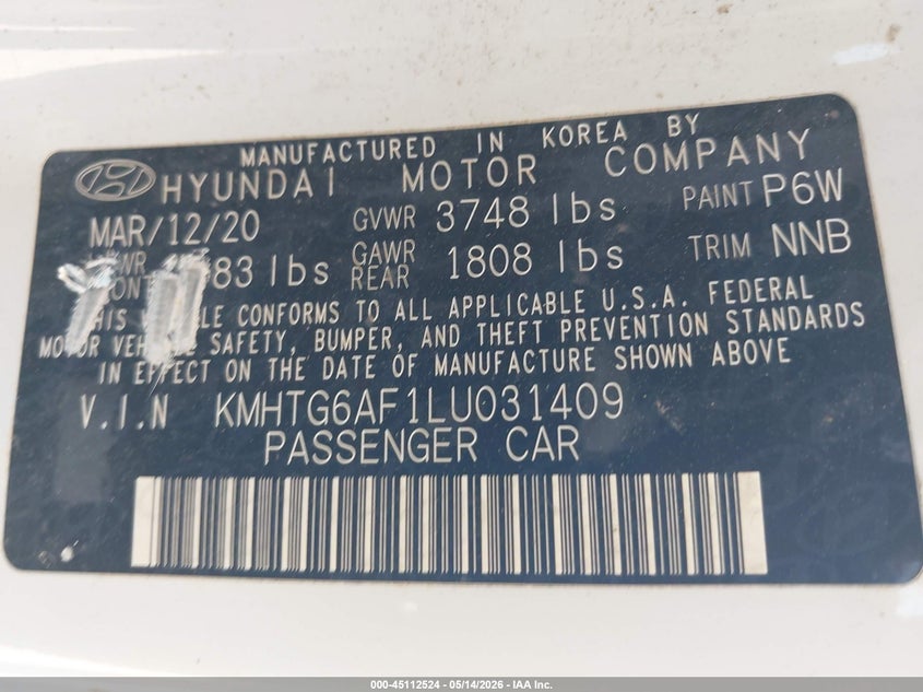 2020 Hyundai Veloster 2.0 VIN: KMHTG6AF1LU031409 Lot: 45112524