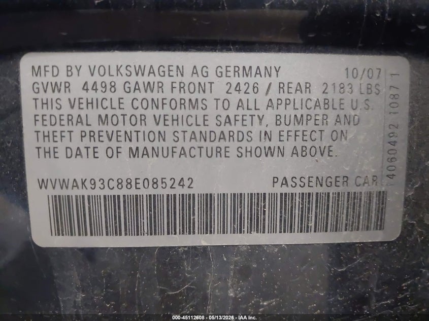 2008 Volkswagen Passat Komfort VIN: WVWAK93C88E085242 Lot: 45112608