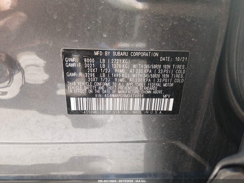 2021 Subaru Ascent Touring VIN: 4S4WMARD6M3474898 Lot: 45112643