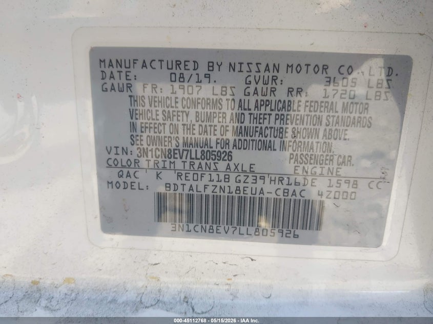 2020 NISSAN VERSA SEDAN 1.6L I-4 DOHC, VVT, 122HP