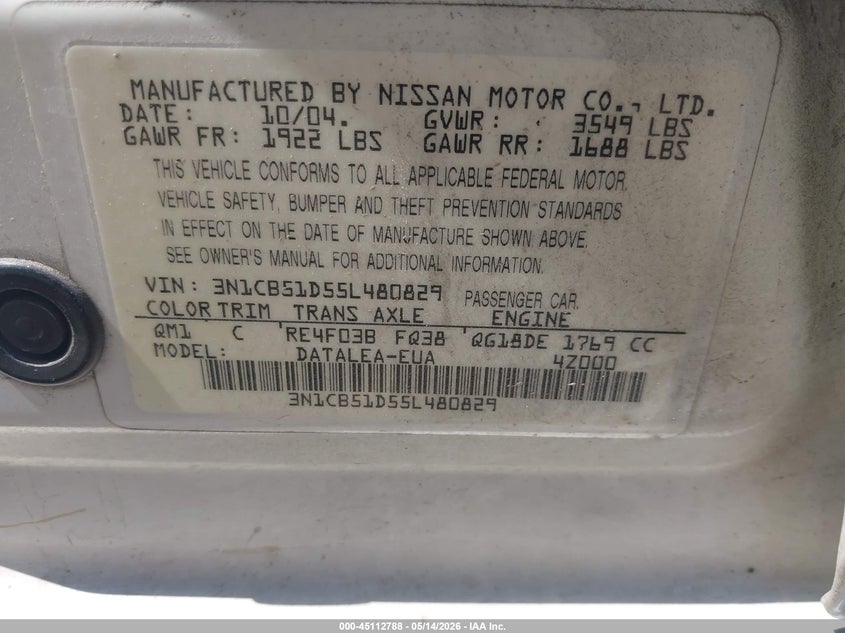 2005 Nissan Sentra 1.8S VIN: 3N1CB51D55L480829 Lot: 45112788