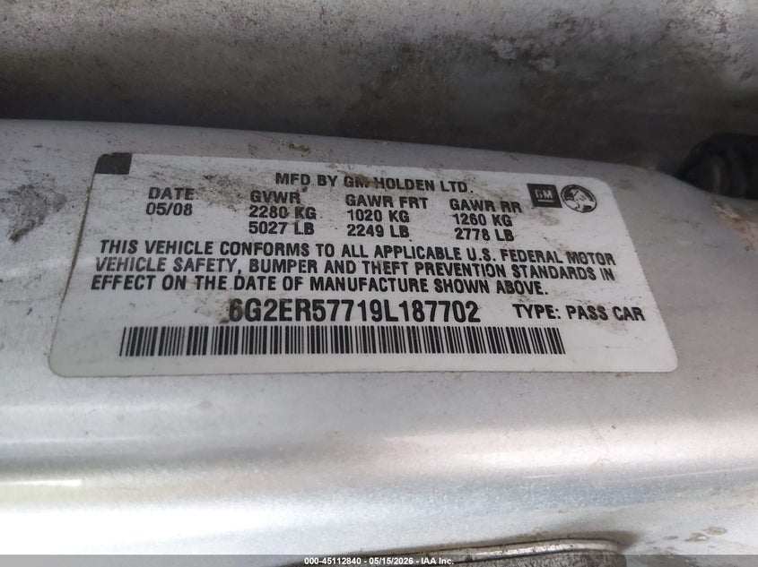 2009 Pontiac G8 VIN: 6G2ER57719L187702 Lot: 45112840