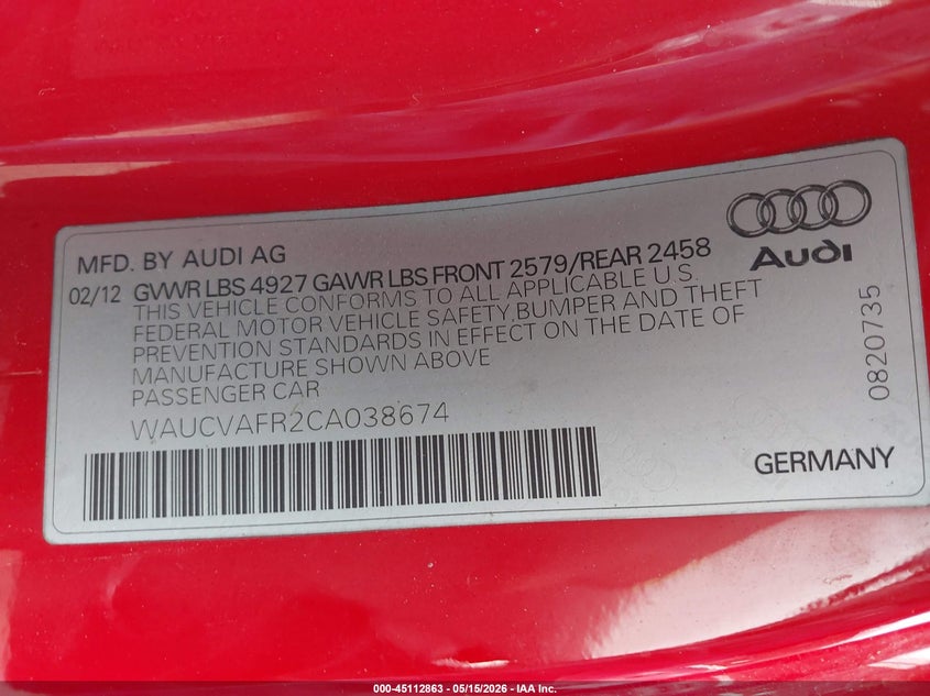 2012 Audi S5 4.2 Premium Plus VIN: WAUCVAFR2CA038674 Lot: 45112863