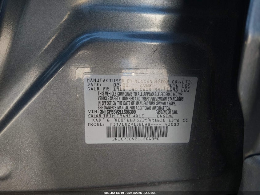 VIN 3N1CP5BV2LL506390 2020 NISSAN KICKS S XTRONIC CVT