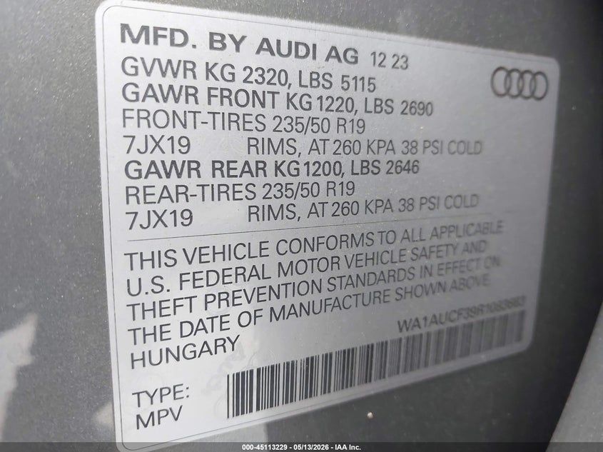 2024 Audi Q3 Premium 40 Tfsi Quattro Tiptronic VIN: WA1AUCF39R1083683 Lot: 45113229