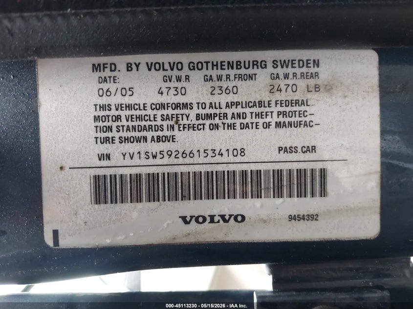 2006 Volvo V70 2.5T VIN: YV1SW592661534108 Lot: 45113230