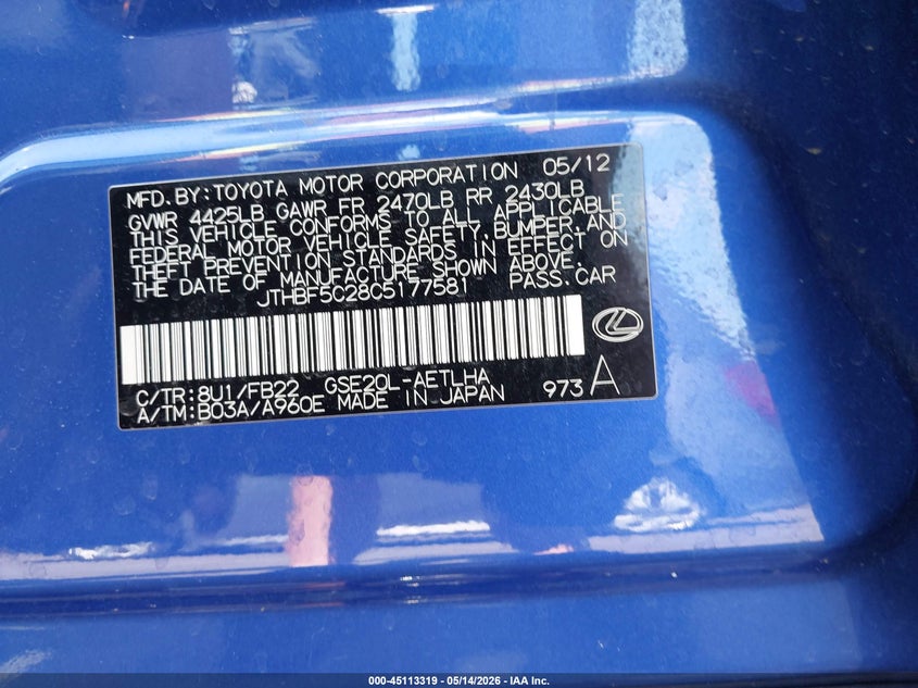 2012 Lexus Is 2.5 Is 250 Blue Lot 111045113319 Vin JTHBF5C28C5177581