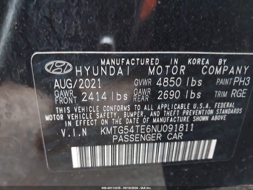 2022 Genesis G70 3.3T Rwd VIN: KMTG54TE6NU091811 Lot: 45113335