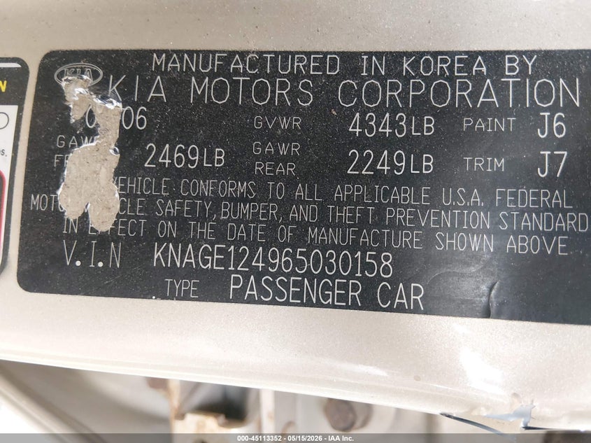 2006 Kia Optima Ex V6 (New)/Lx V6 (New) VIN: KNAGE124965030158 Lot: 45113352
