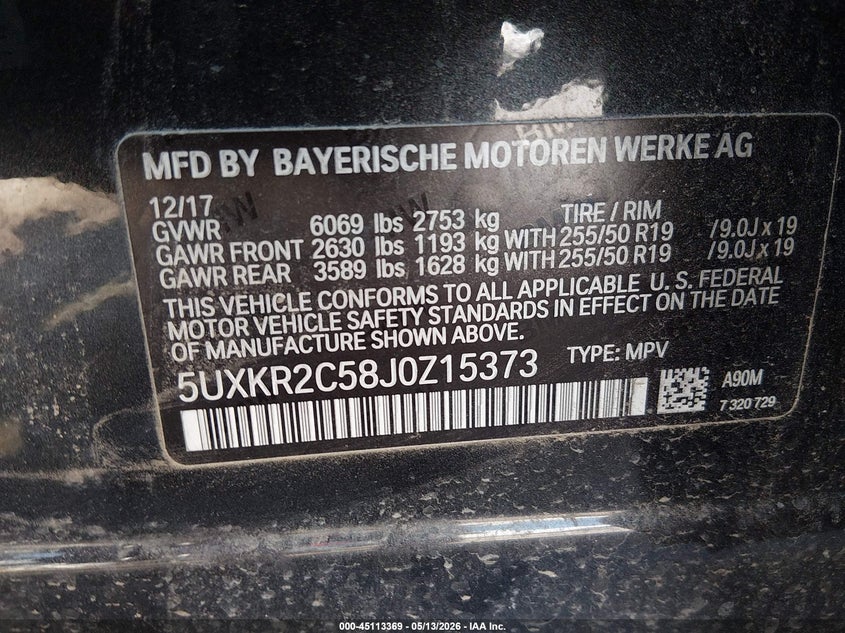 BMW X5 2018 VIN 5UXKR2C58J0Z15373