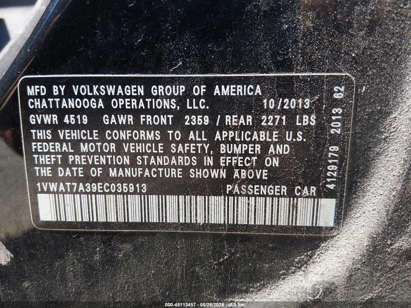 2014 VOLKSWAGEN PASSAT SEDAN 1.8L I-4 DI, DOHC, VVT, TURBO, 170HP