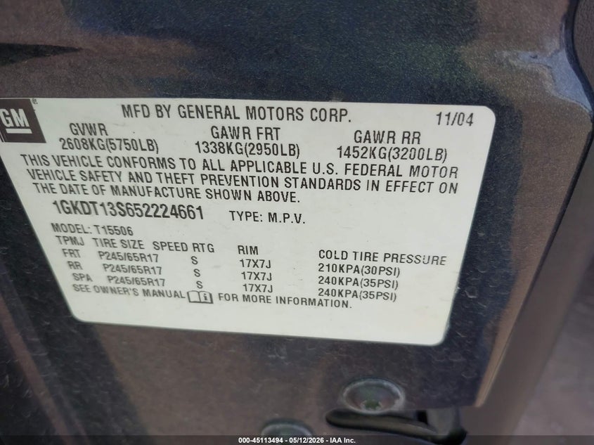 2005 GMC Envoy Sle VIN: 1GKDT13S652224661 Lot: 45113494
