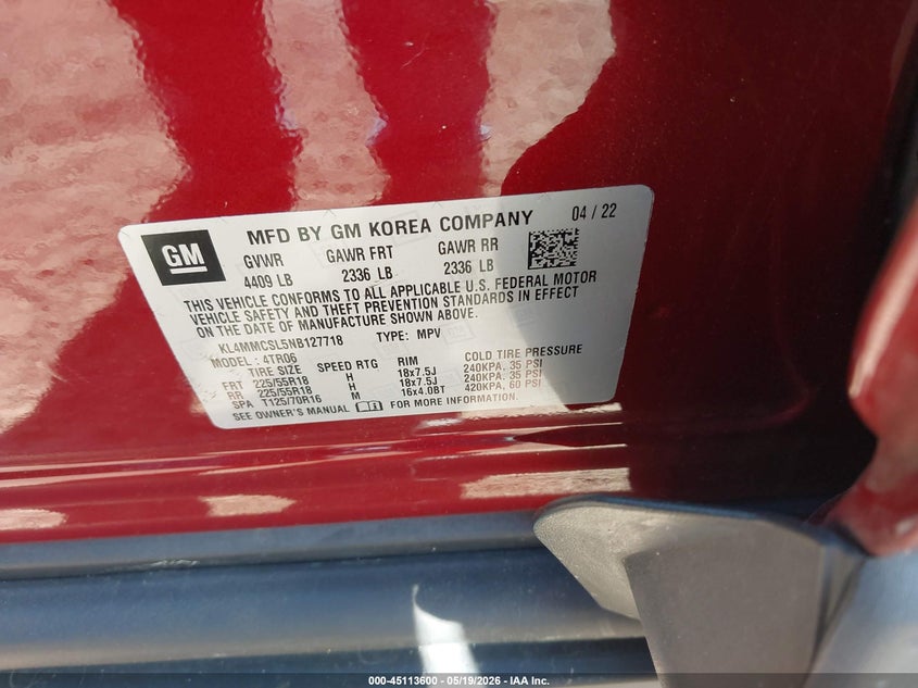 2022 Buick Encore Gx Awd Preferred VIN: KL4MMCSL5NB127718 Lot: 45113600