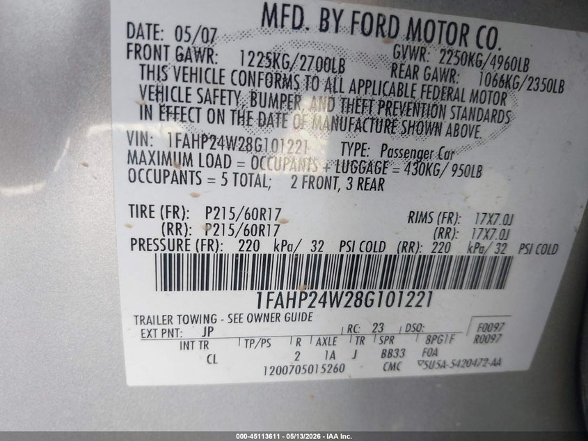2008 Ford Taurus Sel VIN: 1FAHP24W28G101221 Lot: 45113611