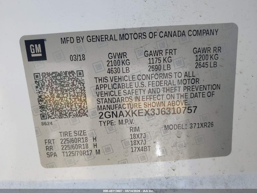 CHEVROLET EQUINOX 2018 VIN 2GNAXKEX3J6310757