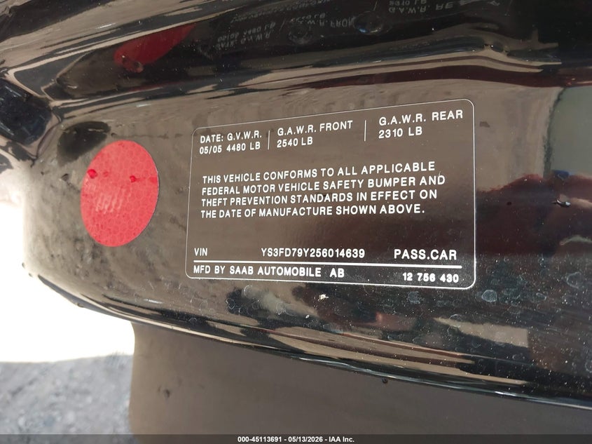 2005 Saab 9-3 Arc VIN: YS3FD79Y256014639 Lot: 45113691