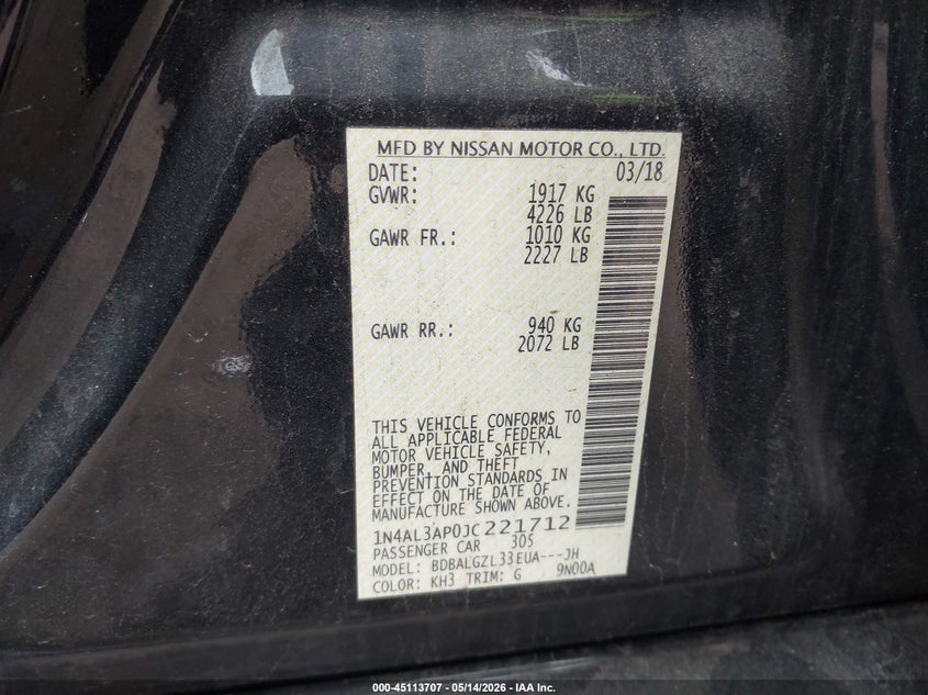 VIN 1N4AL3AP0JC221712 2018 NISSAN ALTIMA 2.5 S