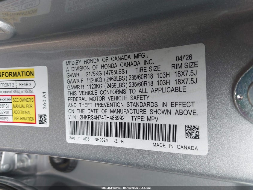 VIN 2HKRS4H74TH486992 2026 HONDA CR-V EX-L AWD