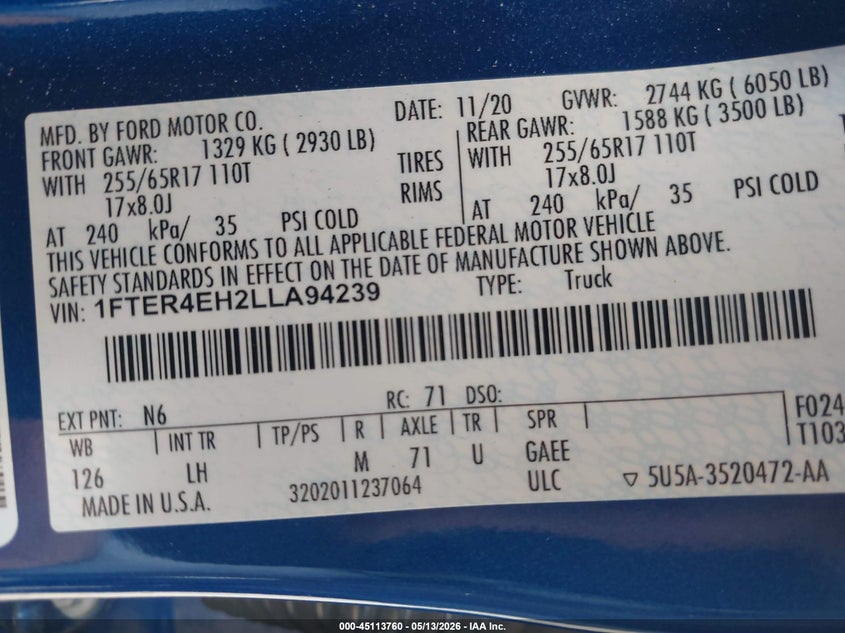 VIN 1FTER4EH2LLA94239 2020 FORD RANGER XLT