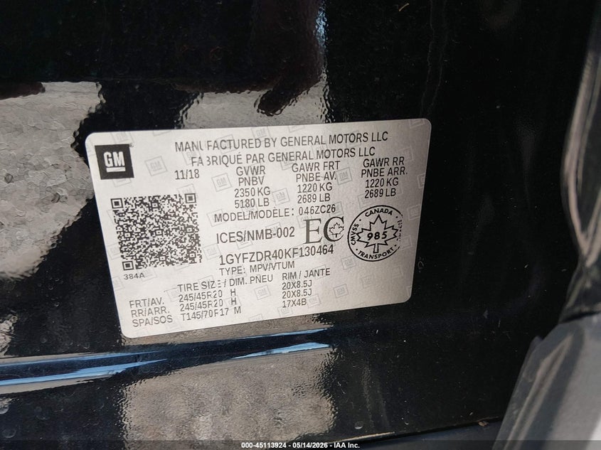 2019 Cadillac Xt4 Premium Luxury VIN: 1GYFZDR40KF130464 Lot: 45113924