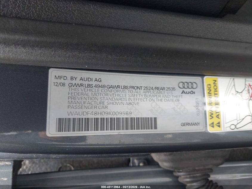 2009 Audi A4 2.0 2.0t Special Edition Grey Lot 111045113964 Vin WAUDF48H09K009569