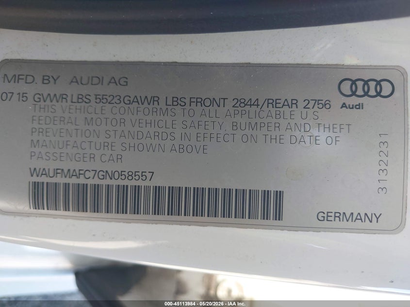 2016 Audi A6 3.0 Tdi Premium Plus VIN: WAUFMAFC7GN058557 Lot: 45113984