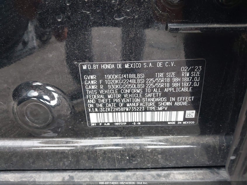 VIN 3CZRZ2H58PM735223 2023 HONDA HR-V AWD SPORT