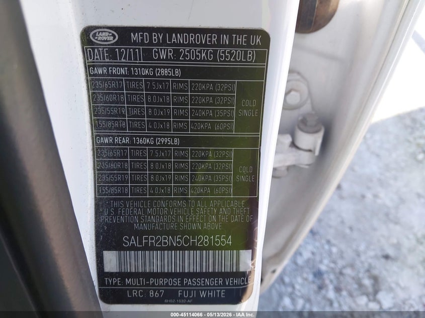 2012 Land Rover Lr2 VIN: SALFR2BN5CH281554 Lot: 45114066