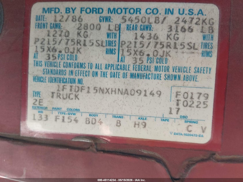 FORD F150 1987 VIN 1FTDF15NXHNA09149