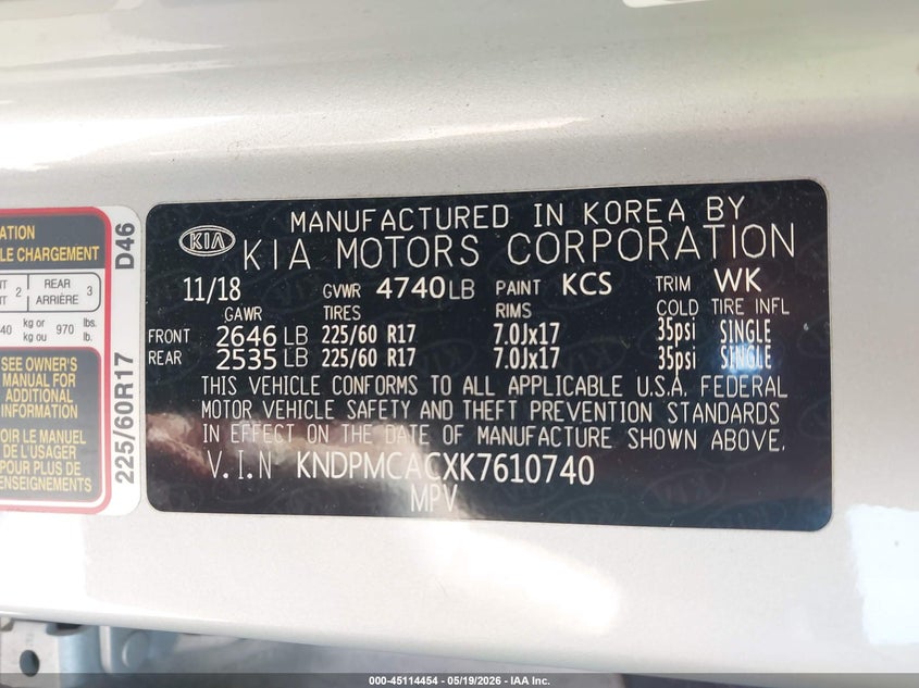 VIN KNDPMCACXK7610740 2019 KIA SPORTAGE LX