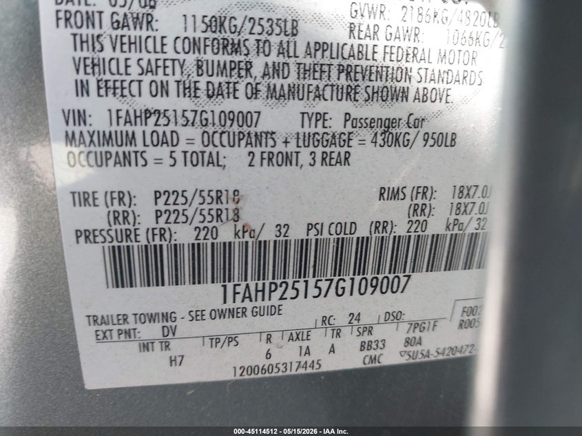 2007 Ford Five Hundred Limited VIN: 1FAHP25157G109007 Lot: 45114512