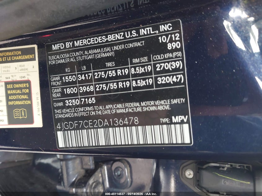 2013 Mercedes-Benz Gl 450 4Matic VIN: 4JGDF7CE2DA136478 Lot: 45114537