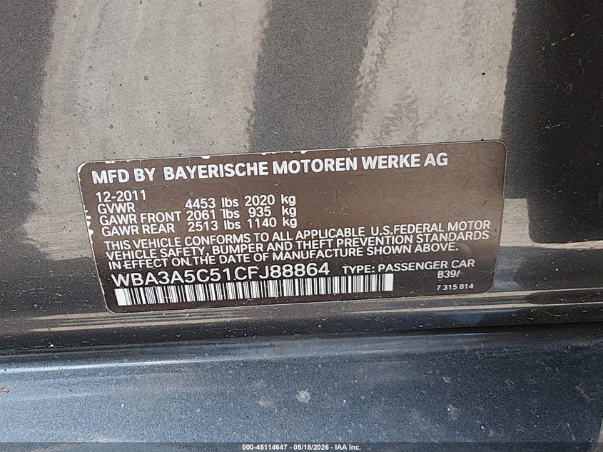 2012 BMW 3er 2.0 328i Grey Lot 111045114647 Vin WBA3A5C51CFJ88864