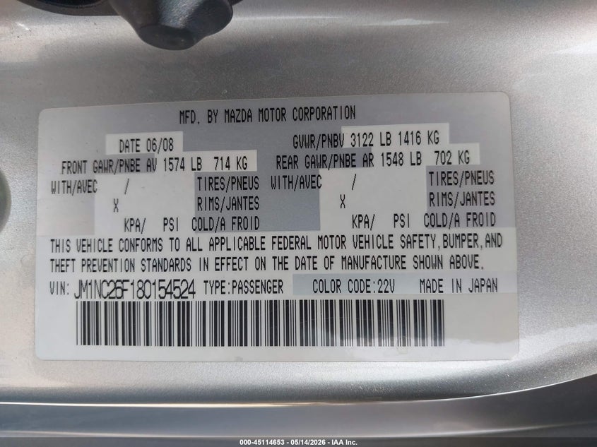 2008 Mazda Mx-5 Touring VIN: JM1NC26F180154524 Lot: 45114653