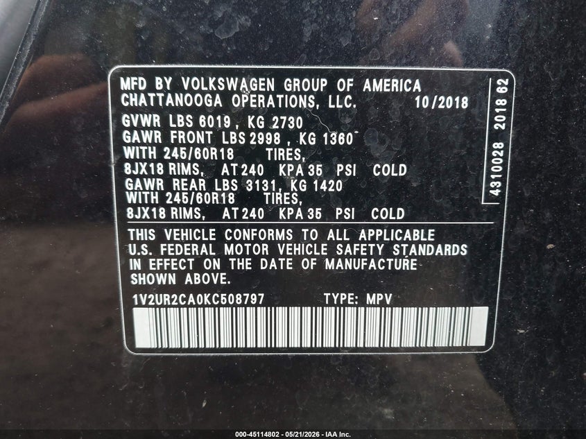 VOLKSWAGEN ATLAS 2019 VIN 1V2UR2CA0KC508797