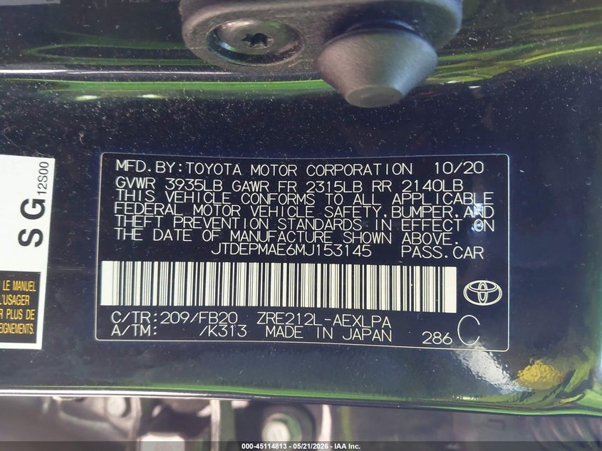 2021 TOYOTA COROLLA SEDAN 1.8L I-4 DOHC, VVT, 139HP
