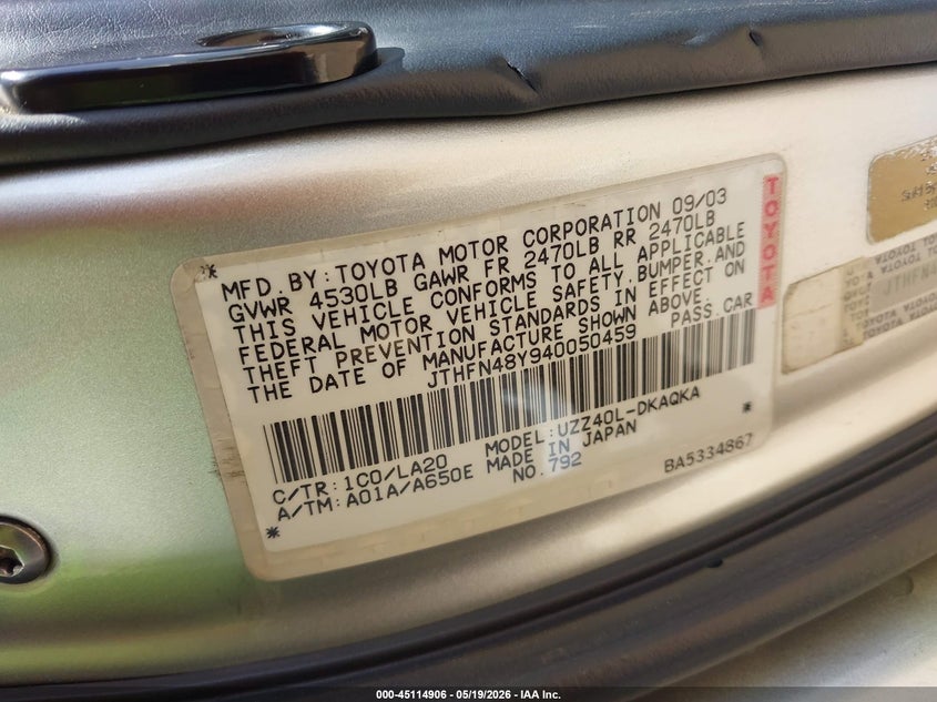 2004 Lexus Sc 430 VIN: JTHFN48Y940050459 Lot: 45114906